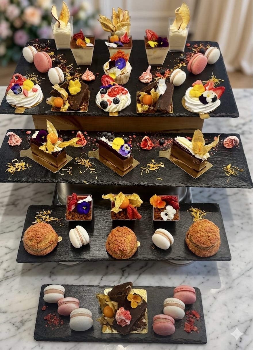 Výběr dezertů DVcatering – tiramisu, Pavlova, čokoládová pěna, craquelin a makronky